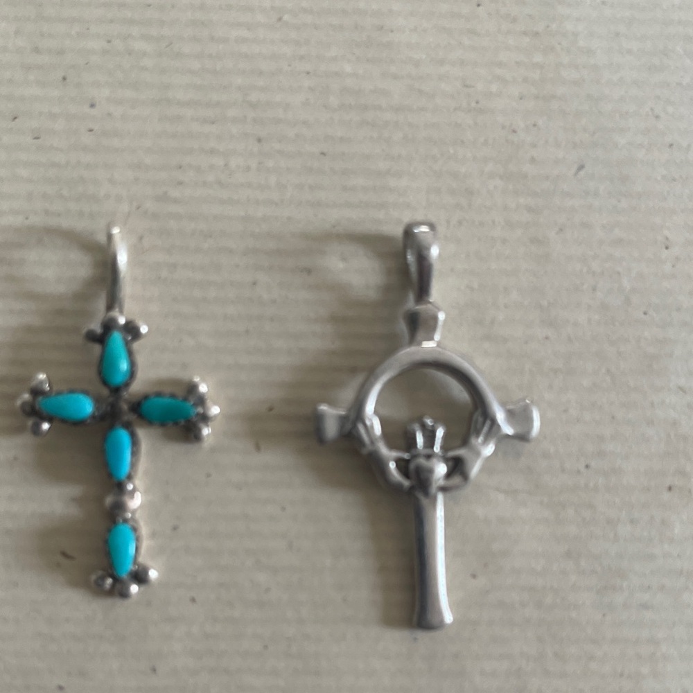 Lot of 2 Silver and Turquoise Cross Pendants